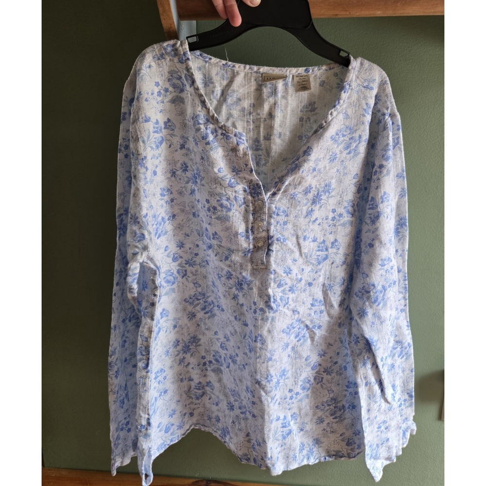 LL Bean 100% Linen Womens Button Down Floral Shirt Long Sleeve Size XL